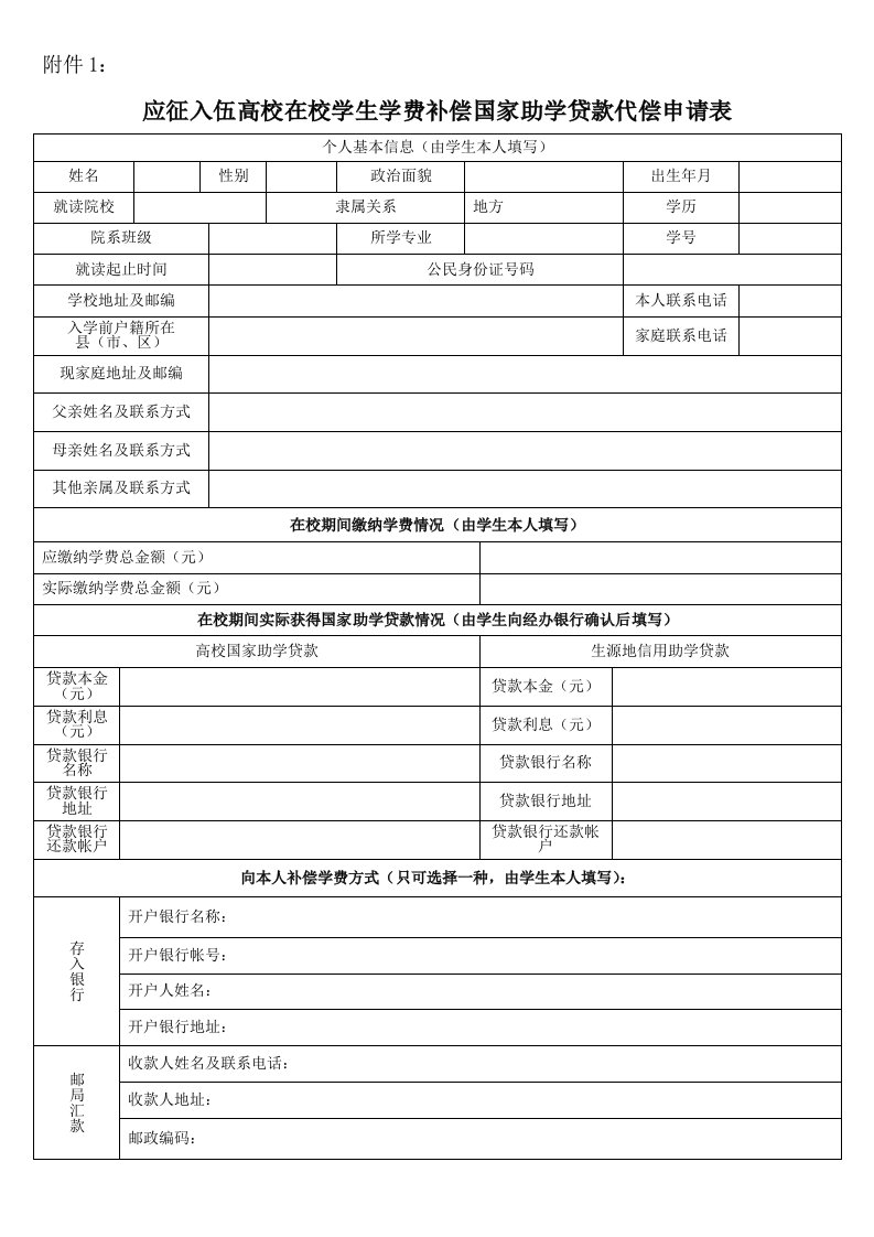 应征入伍高校毕业生补偿学费代偿国家助学贷款申请表