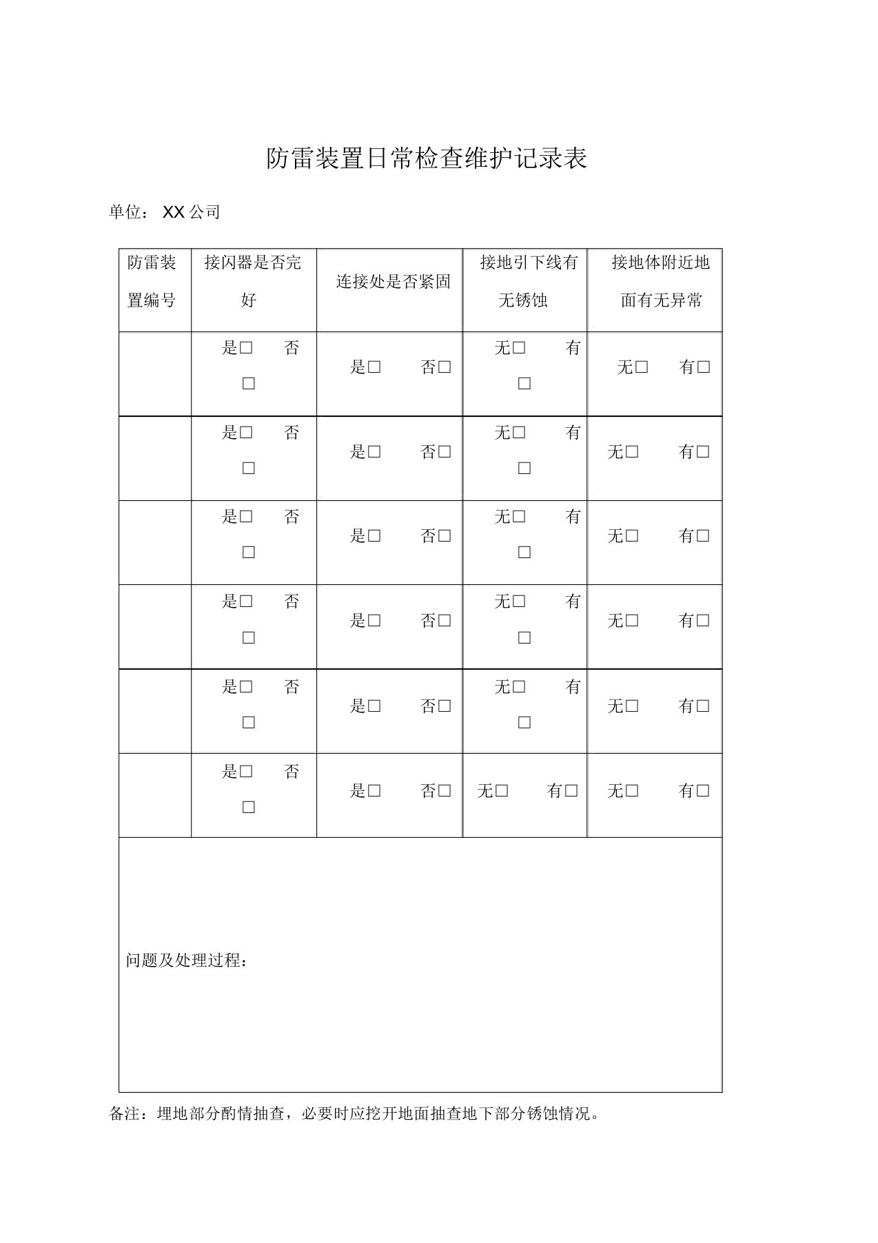 防雷装置日常检查维护记录表