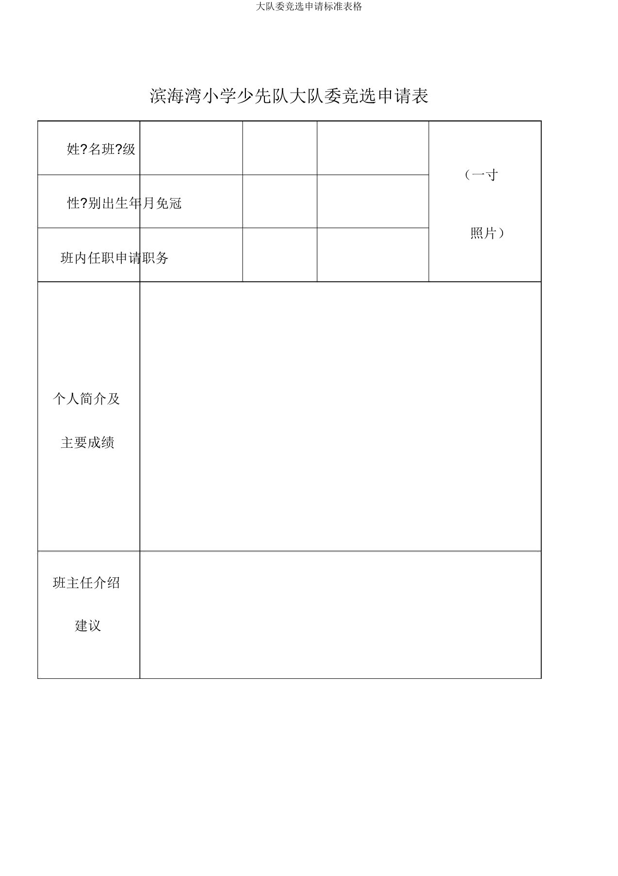 大队委竞选申请标准表格