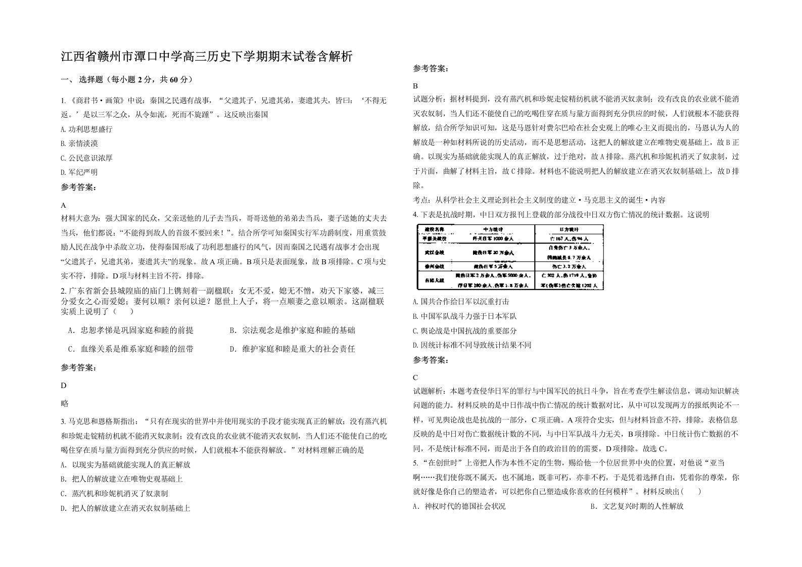 江西省赣州市潭口中学高三历史下学期期末试卷含解析