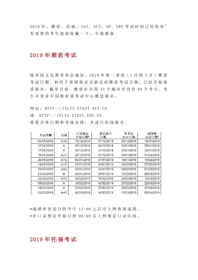 收藏-▎2019年-雅思、托福、SAT、ACT、GRE、AP最新考试时间汇总