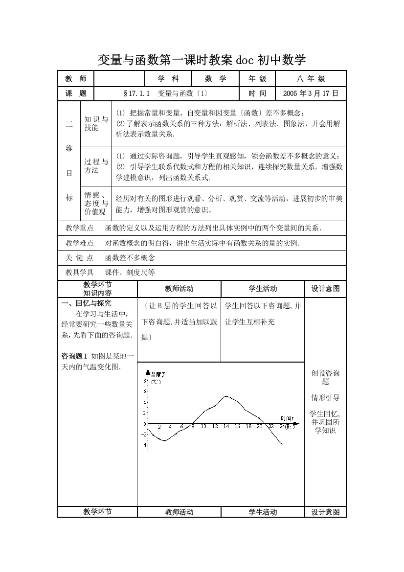 变量与函数第一课时教案doc初中数学