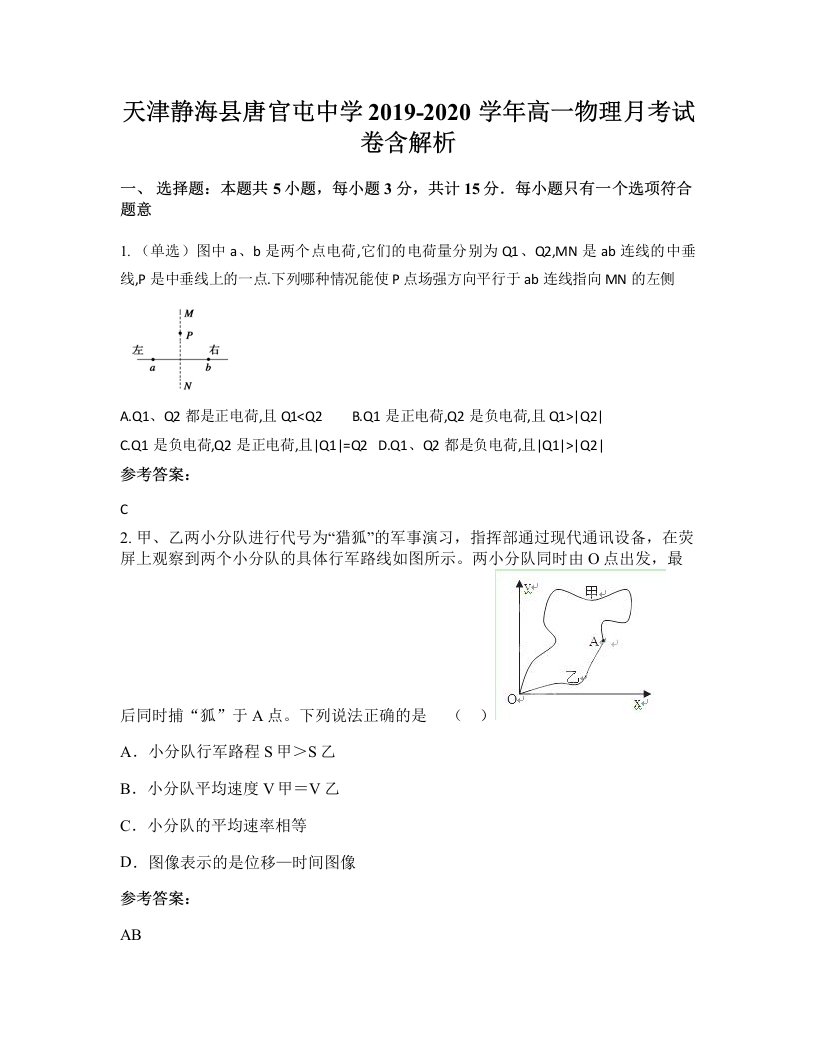 天津静海县唐官屯中学2019-2020学年高一物理月考试卷含解析