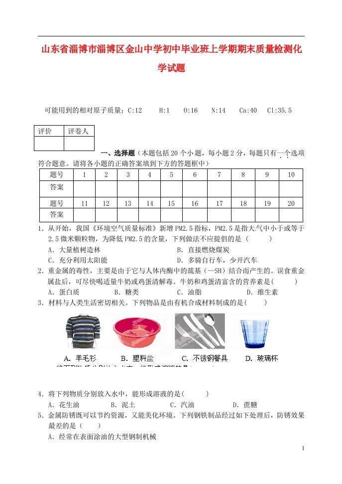 山东省淄博市淄博区金山中学初中化学毕业班上学期期末质量检测试题