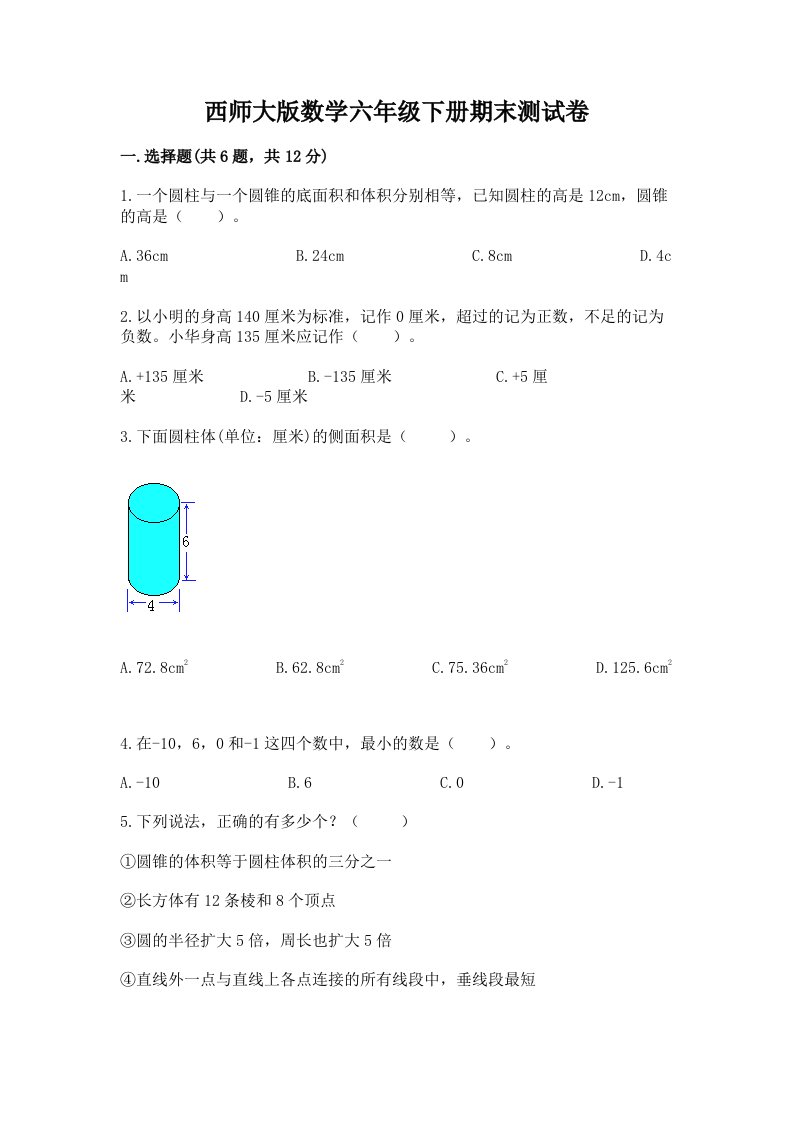 西师大版数学六年级下册期末测试卷精品（各地真题）