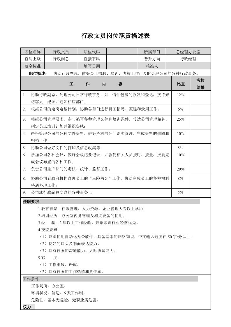 行政文员岗位职责描述表