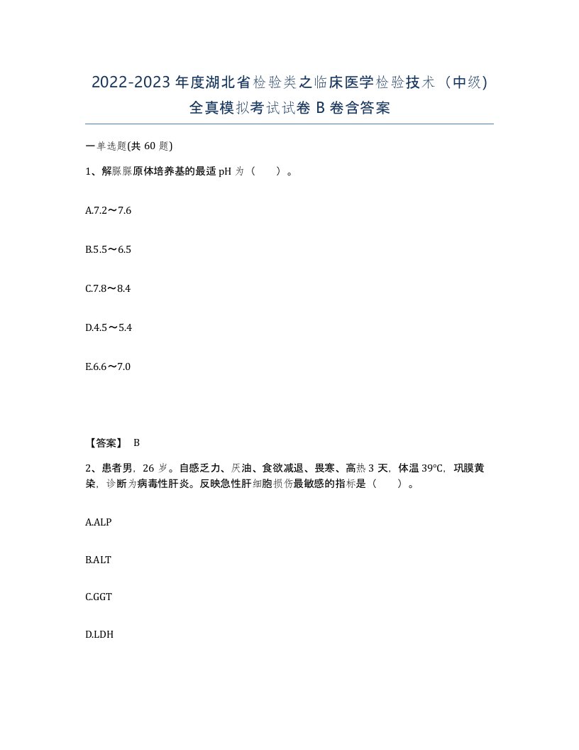 2022-2023年度湖北省检验类之临床医学检验技术中级全真模拟考试试卷B卷含答案