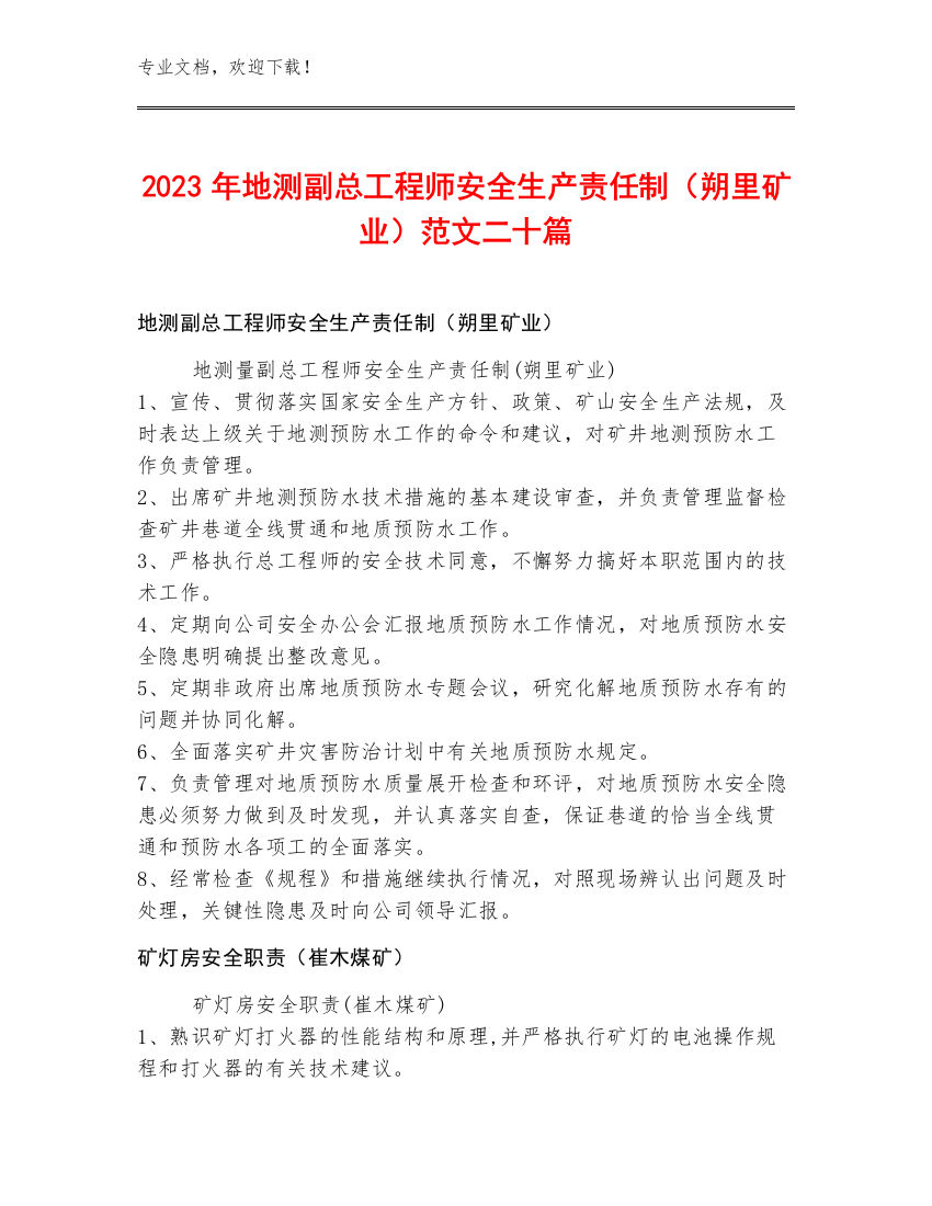 2023年地测副总工程师安全生产责任制（朔里矿业）范文二十篇