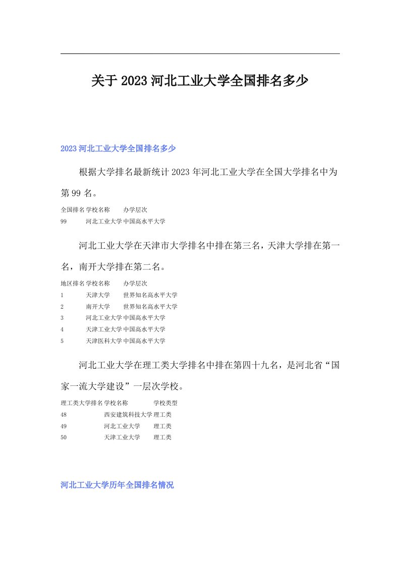 关于2023河北工业大学全国排名多少