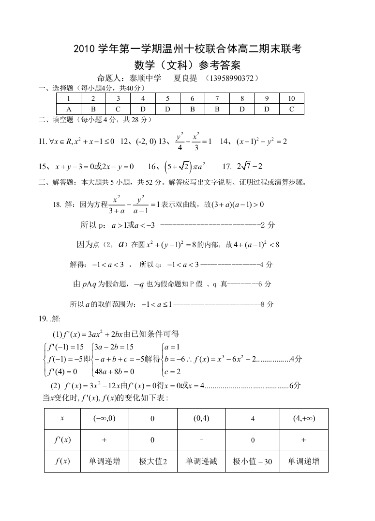 【小学中学教育精选】2010学年第一学期高二期末联考文科数学参考答案