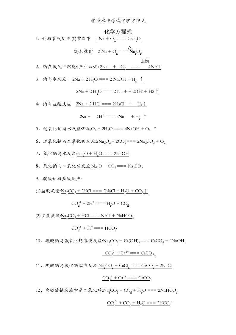 学业水平考试化学方程式