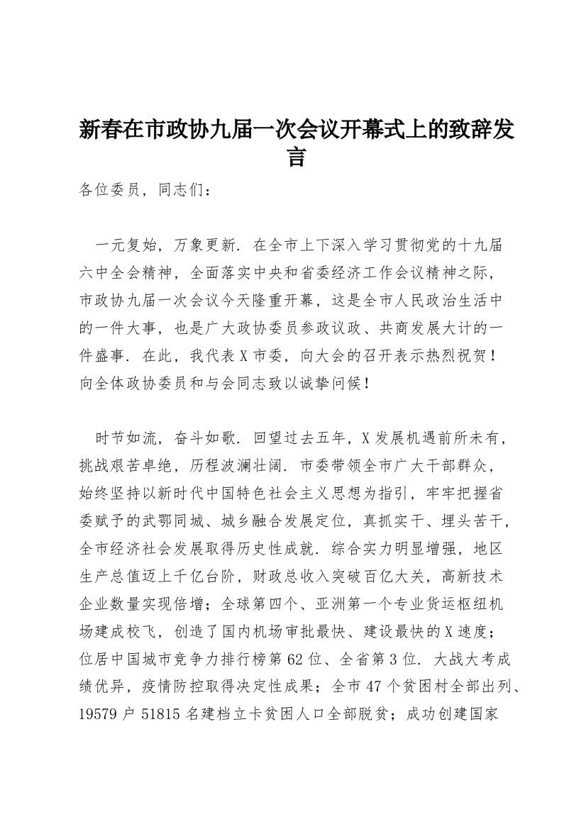 新春在市政协九届一次会议开幕式上的致辞发言