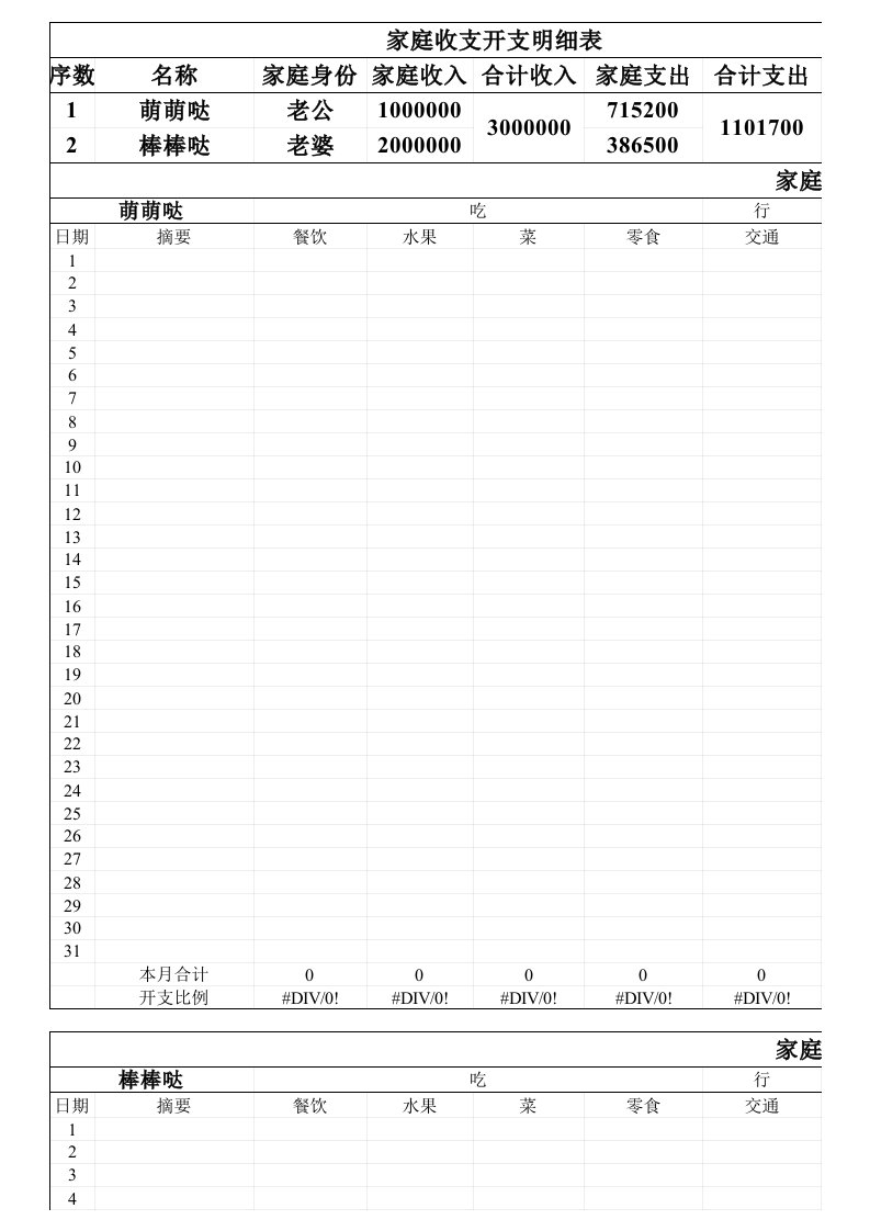 家庭收支明细表单