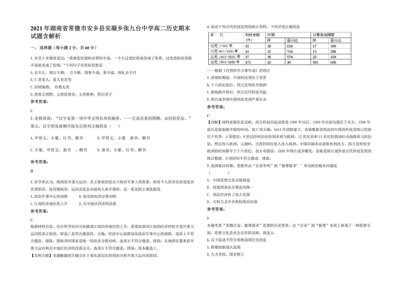 2021年湖南省常德市安乡县安凝乡张九台中学高二历史期末试题含解析