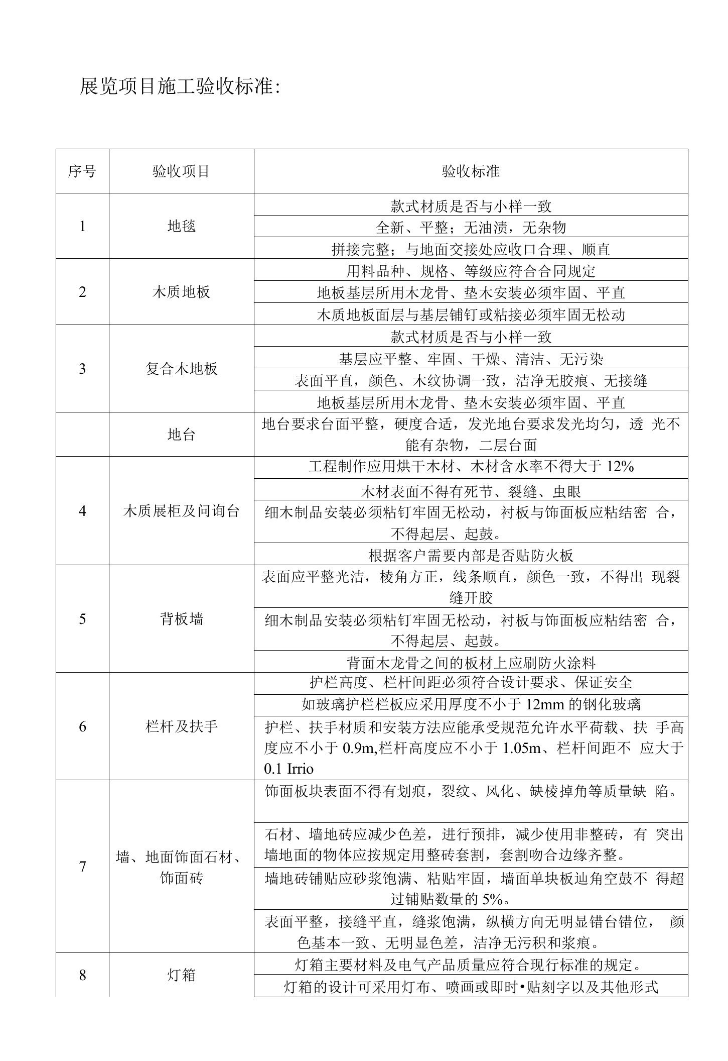 展览项目施工验收标准