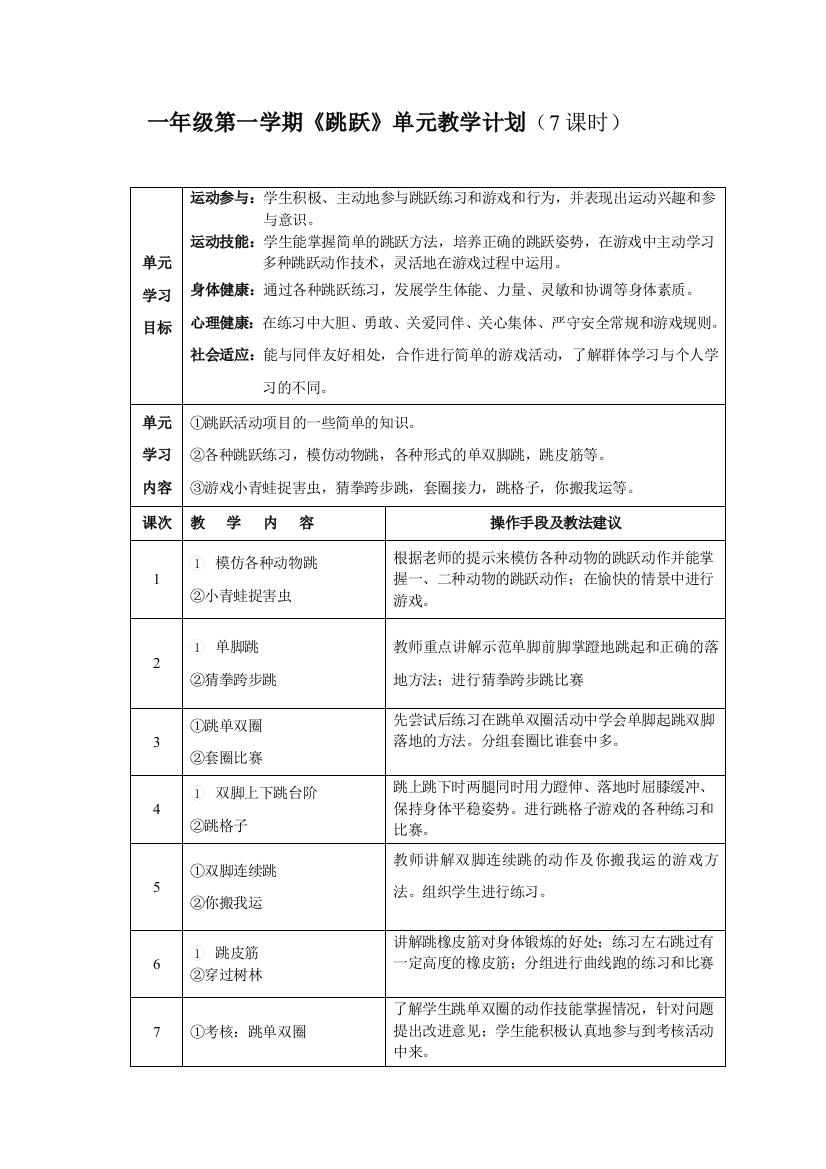 一年级第一学期《跳跃》单元教学计划