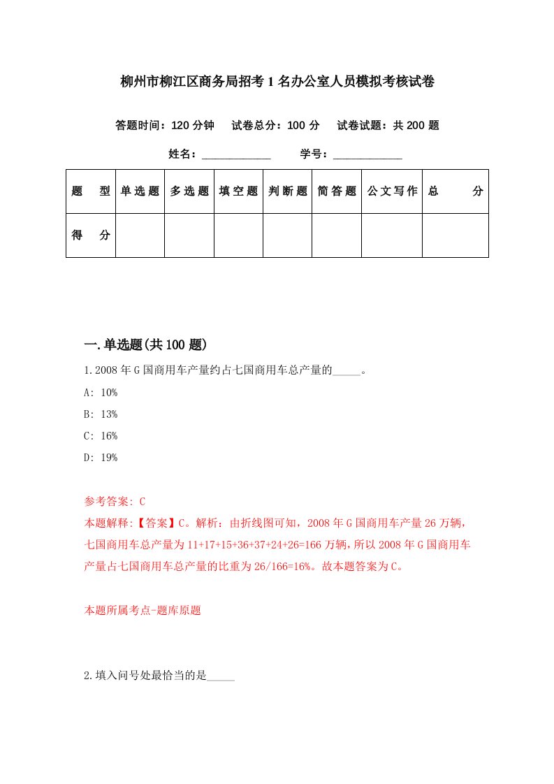 柳州市柳江区商务局招考1名办公室人员模拟考核试卷9