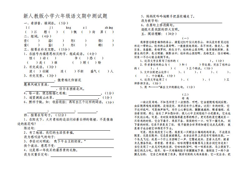 新人教版小学六年级语文期中测试题