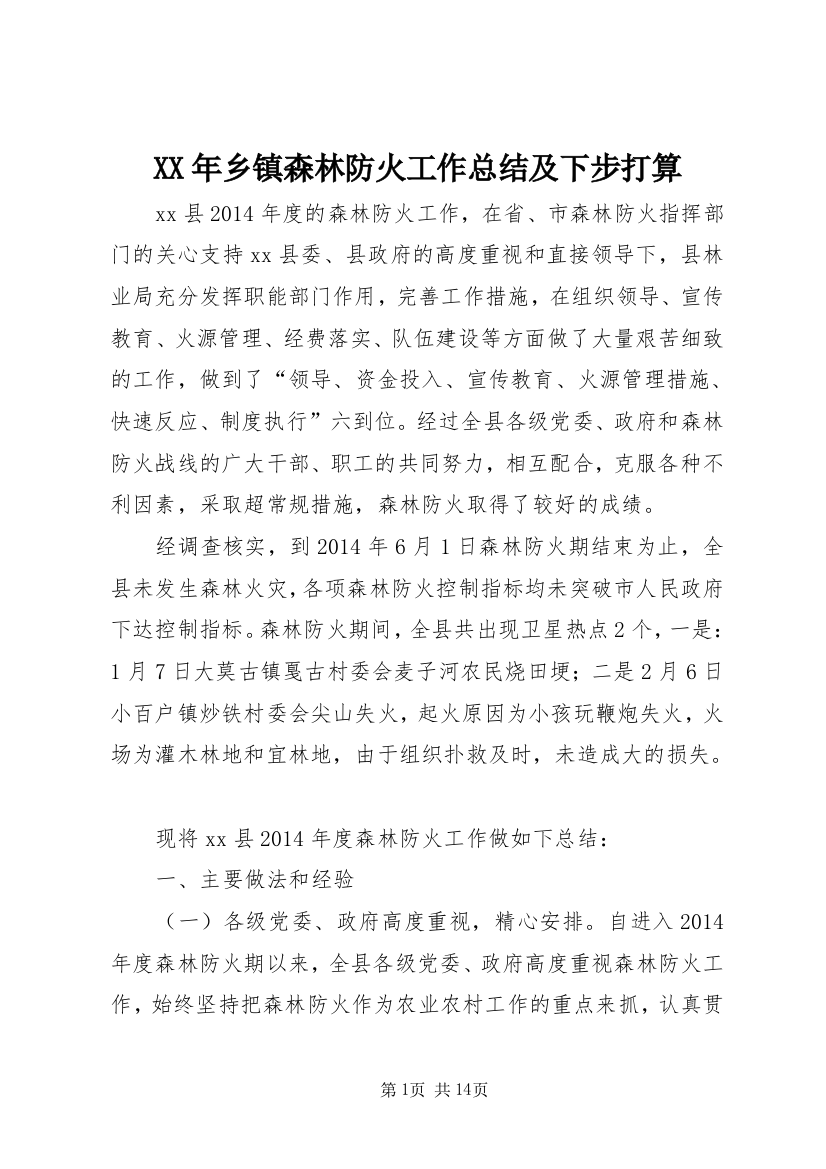 XX年乡镇森林防火工作总结及下步打算