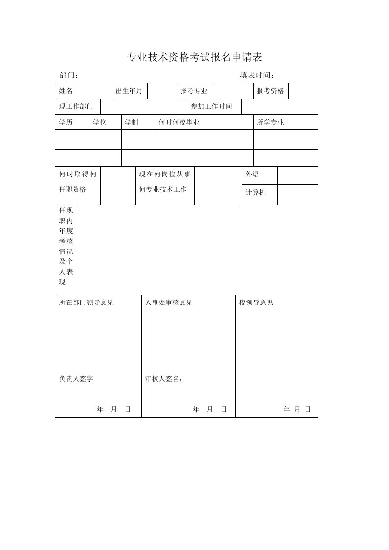 专业技术资格考试报名申请表