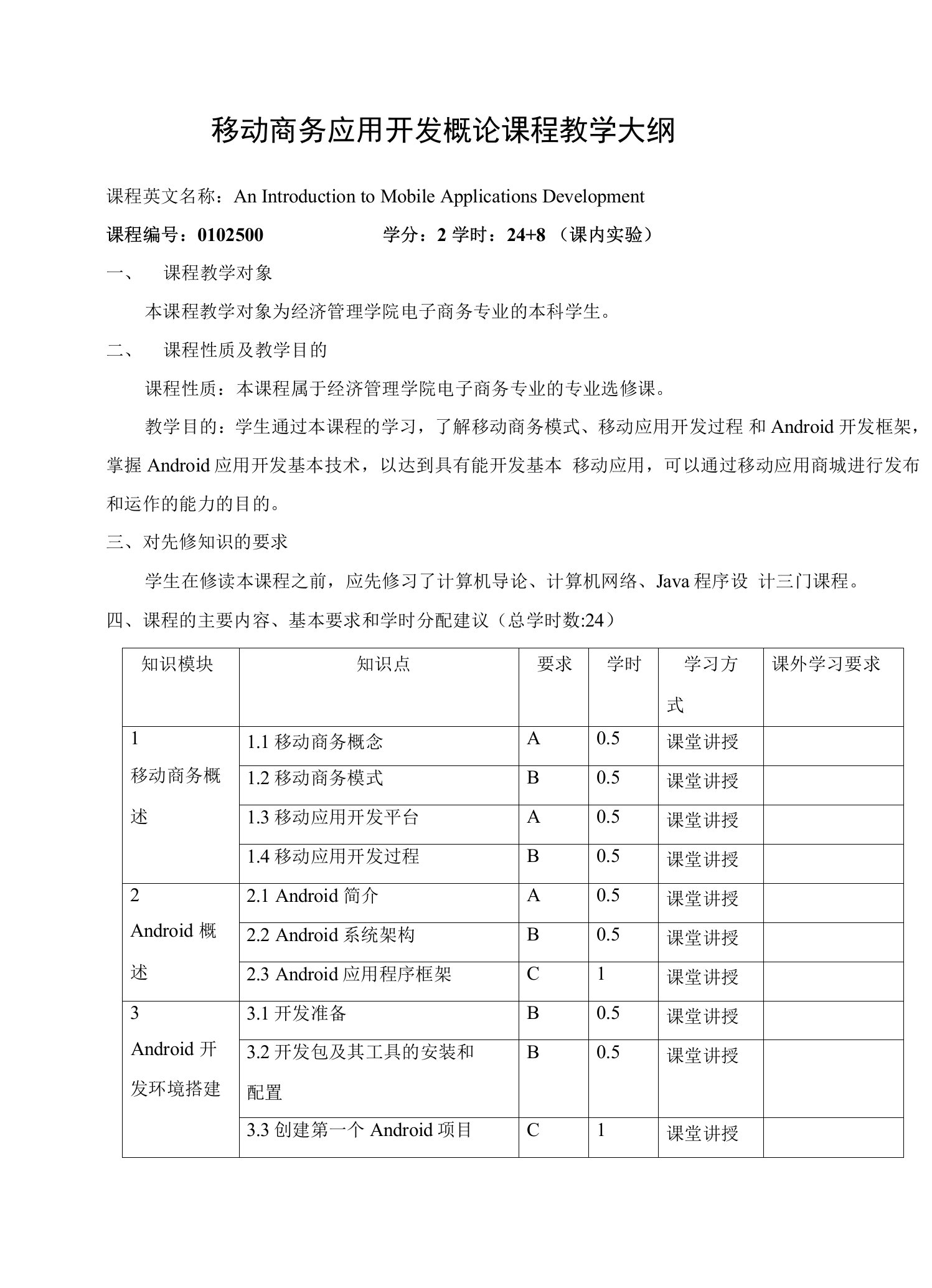 移动商务应用开发概论课程教学大纲