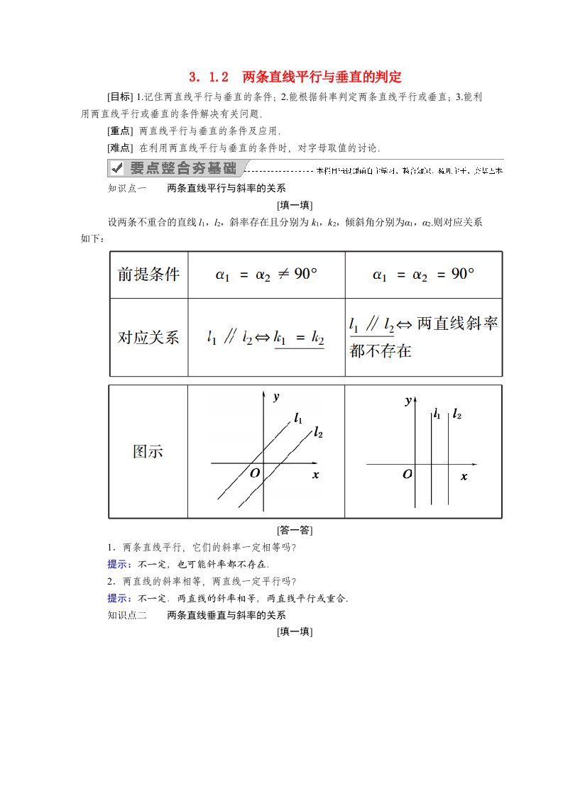 2020_2021学年高中数学第三章直线与方程3.1.2两条直线平行与垂直的判定学案含解析新人教A版必修2