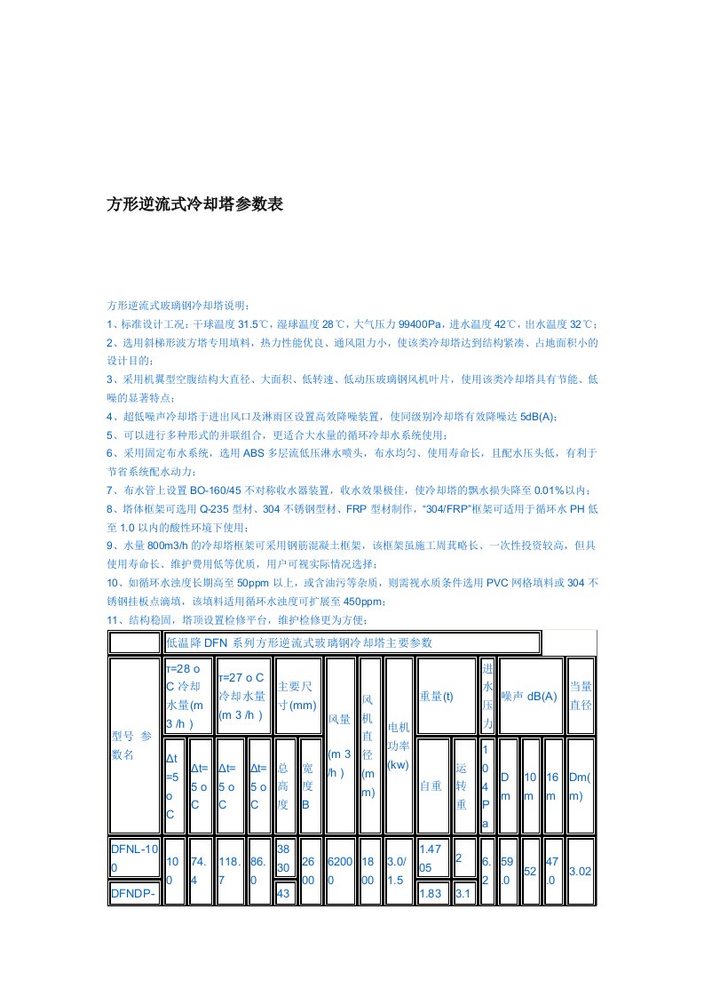 方形逆流式冷却塔参数表