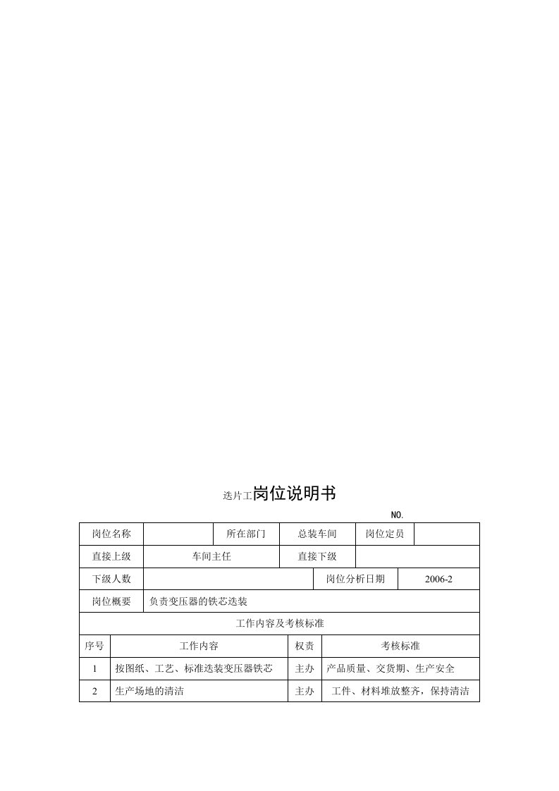 电力集团某大型电气配件企业迭片工岗位说明书