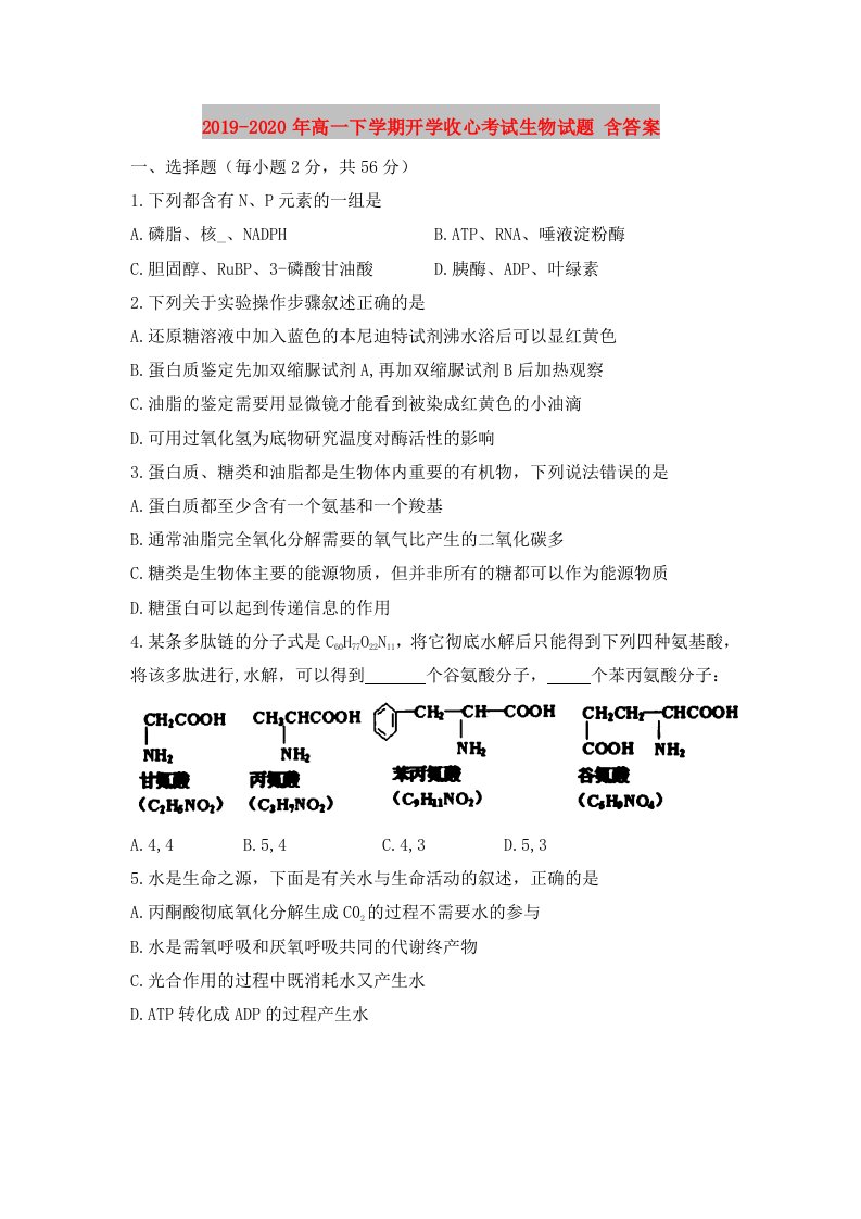 2019-2020年高一下学期开学收心考试生物试题