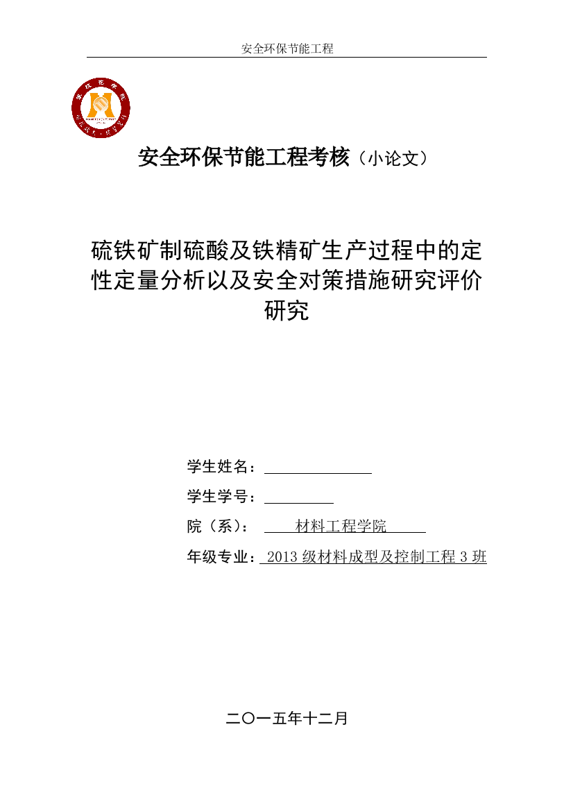 硫铁矿制硫酸及铁精矿生产过程中的定性定量分析以及安全对策措施研究评价本科论文