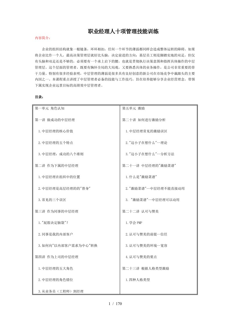 职业经理人的十项管理技能训练