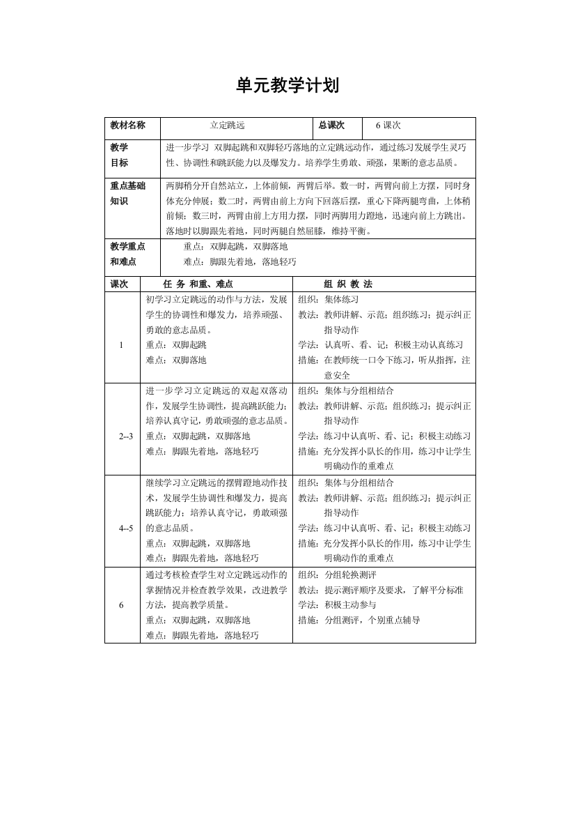 单元教学计划立定跳远