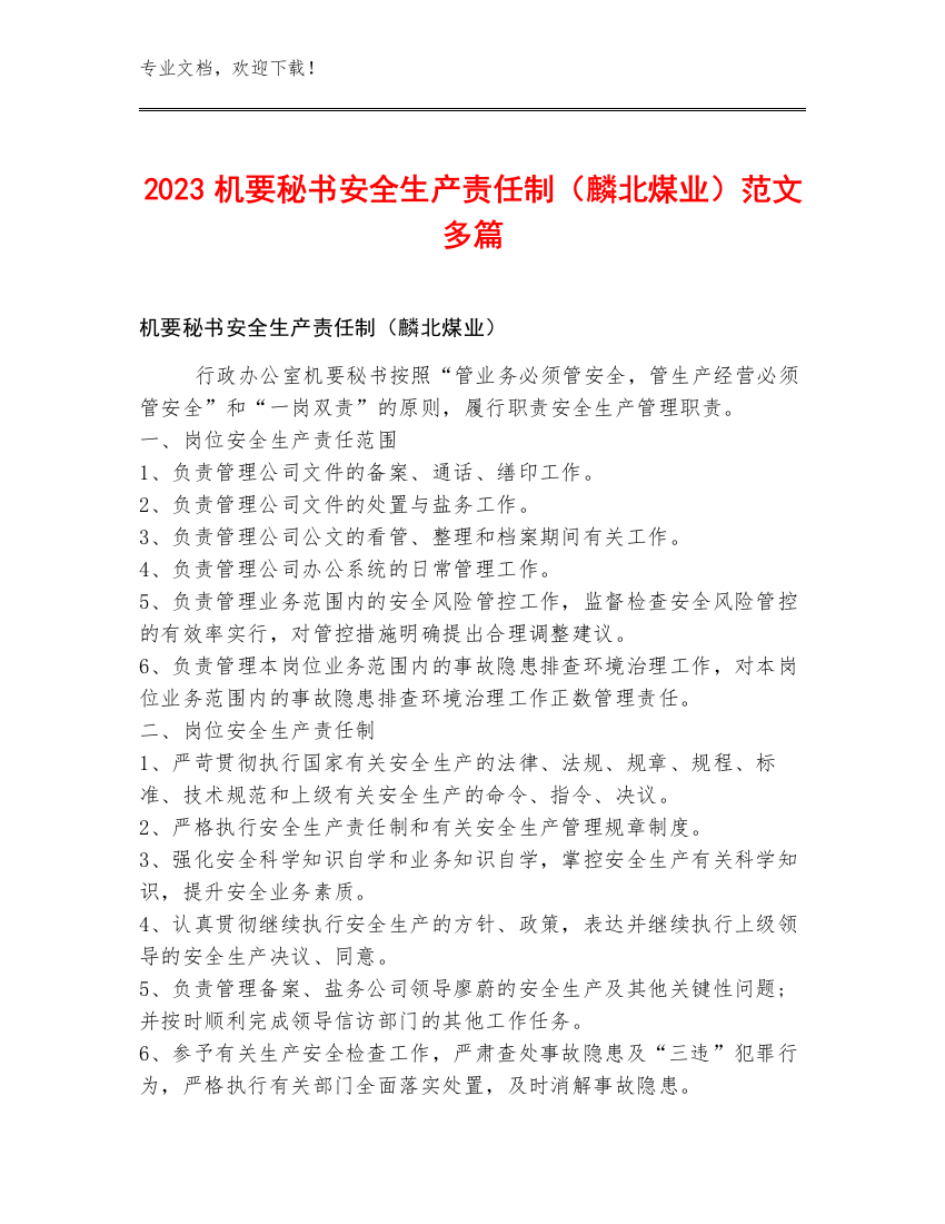 2023机要秘书安全生产责任制（麟北煤业）范文多篇