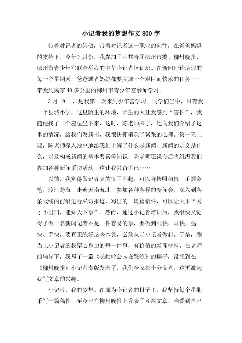 小记者我的梦想作文800字