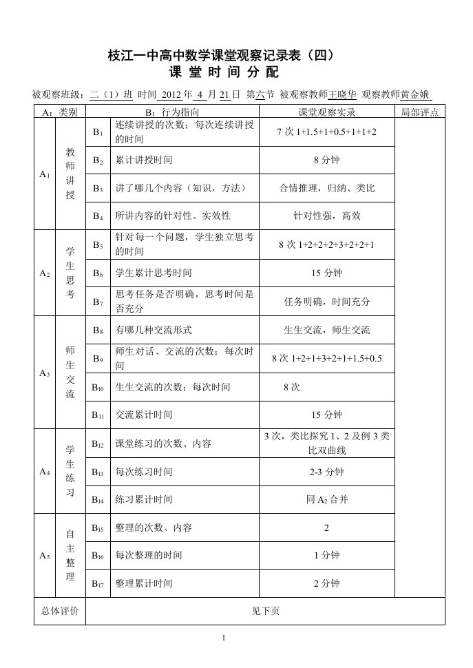 枝江一中高中数学课堂观察记录表