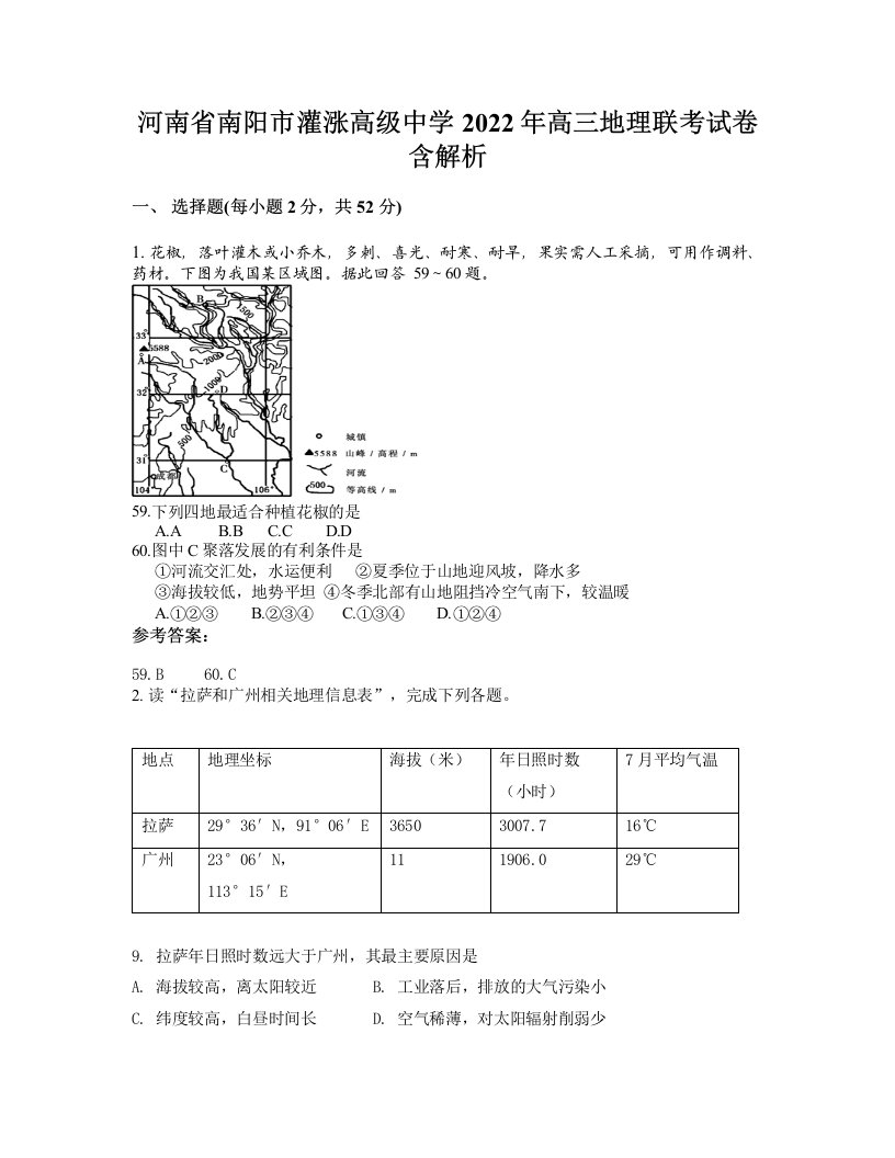 河南省南阳市灌涨高级中学2022年高三地理联考试卷含解析