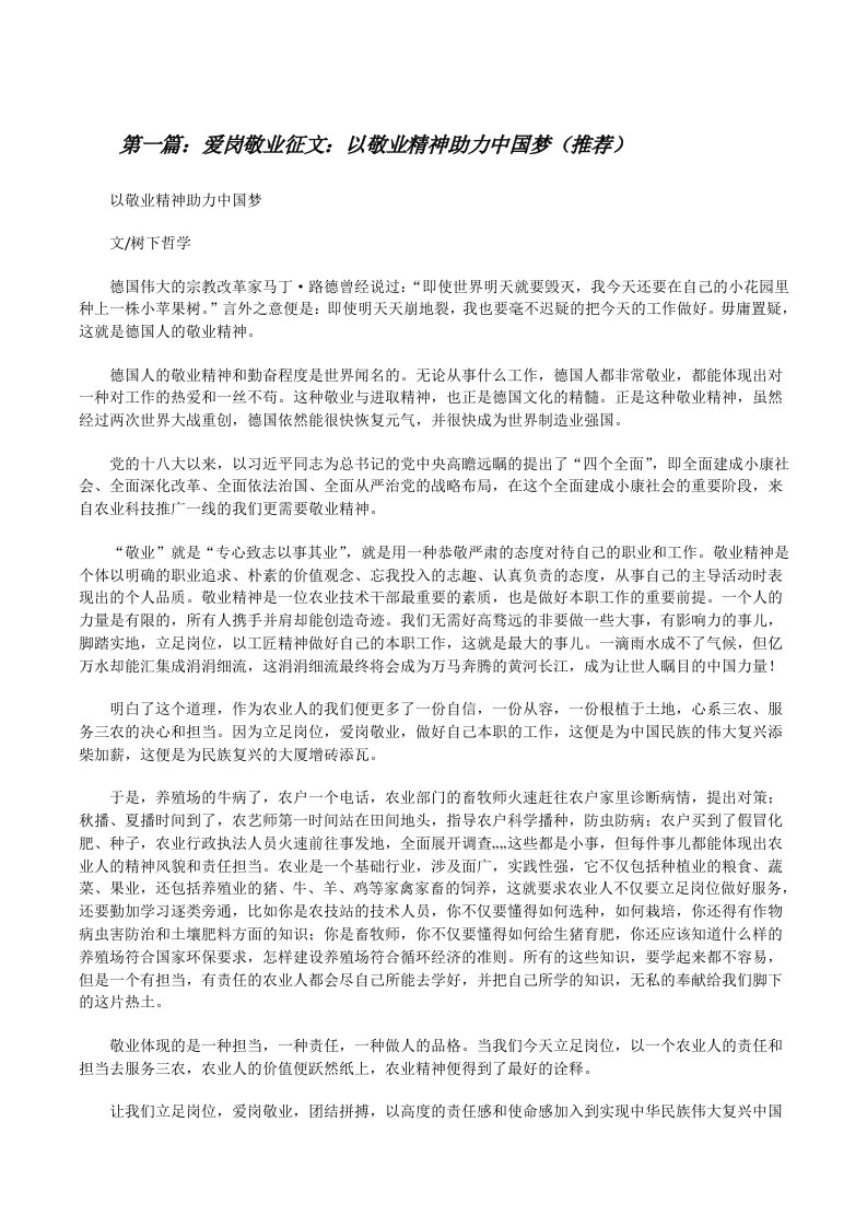 爱岗敬业征文：以敬业精神助力中国梦（推荐）[修改版]