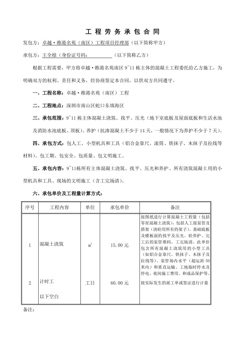 混凝土班组劳务合同模板