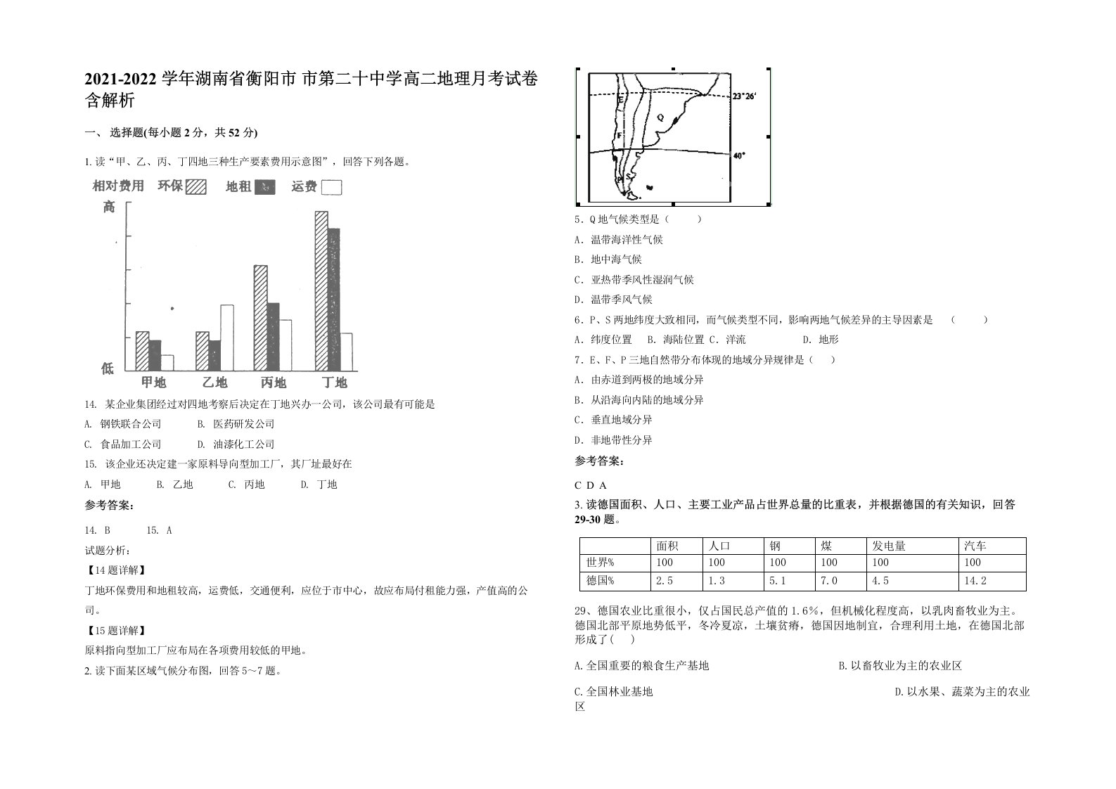 2021-2022学年湖南省衡阳市市第二十中学高二地理月考试卷含解析