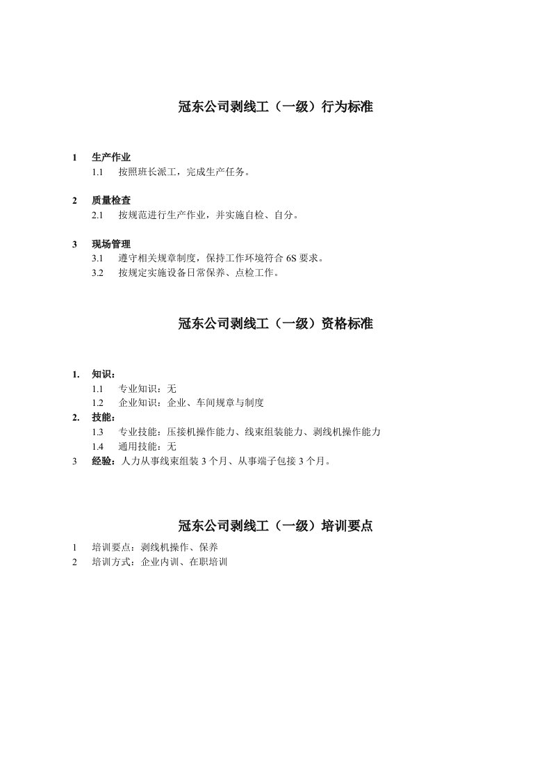 任职资格等级标准及不同等级培训要点-剥线工(doc)-管理培训