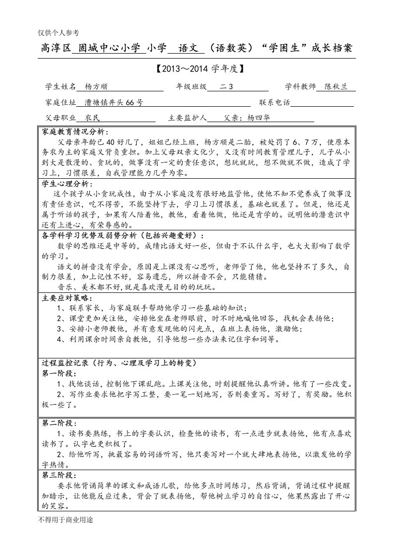 学困生档案表