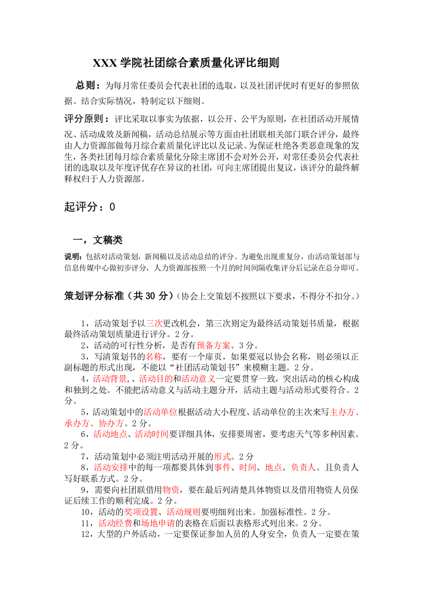 大学社团综合素质量化评比细则