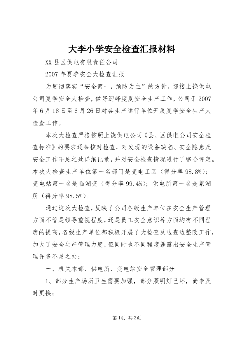 大李小学安全检查汇报材料