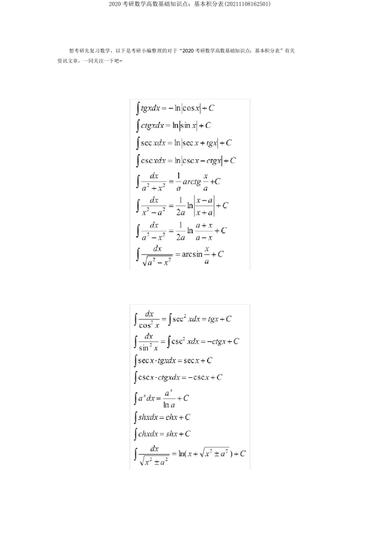 2020考研数学高数基础知识点：基本积分表(20211108162501)