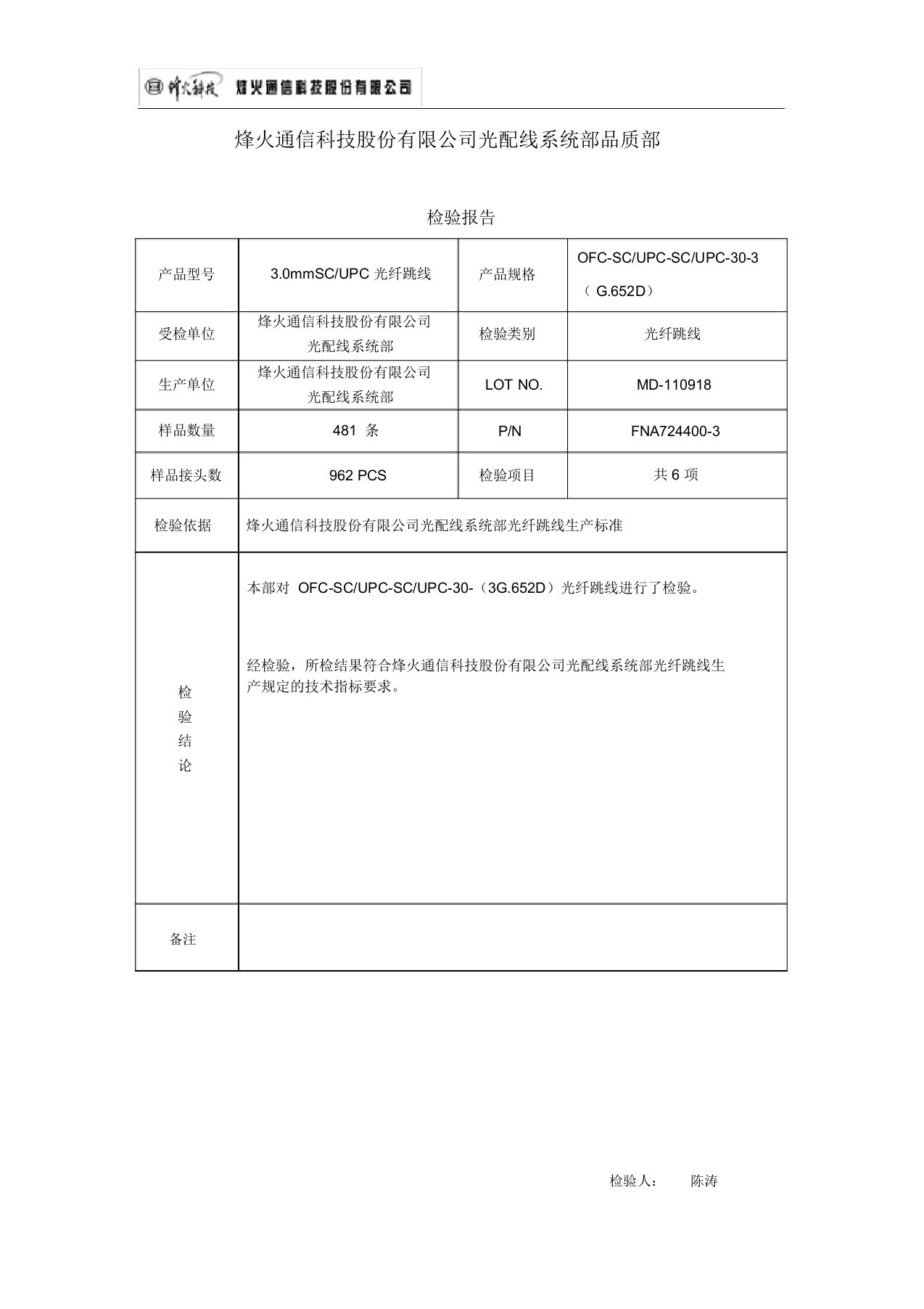 光纤跳线检验报告