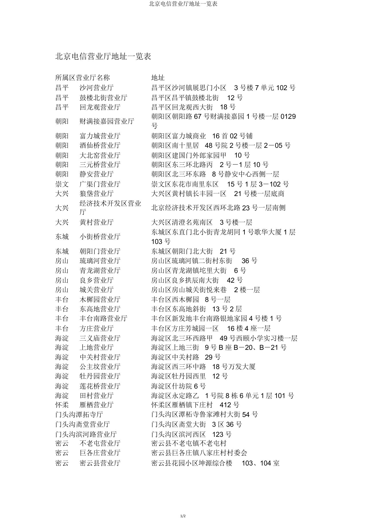 北京电信营业厅地址一览表