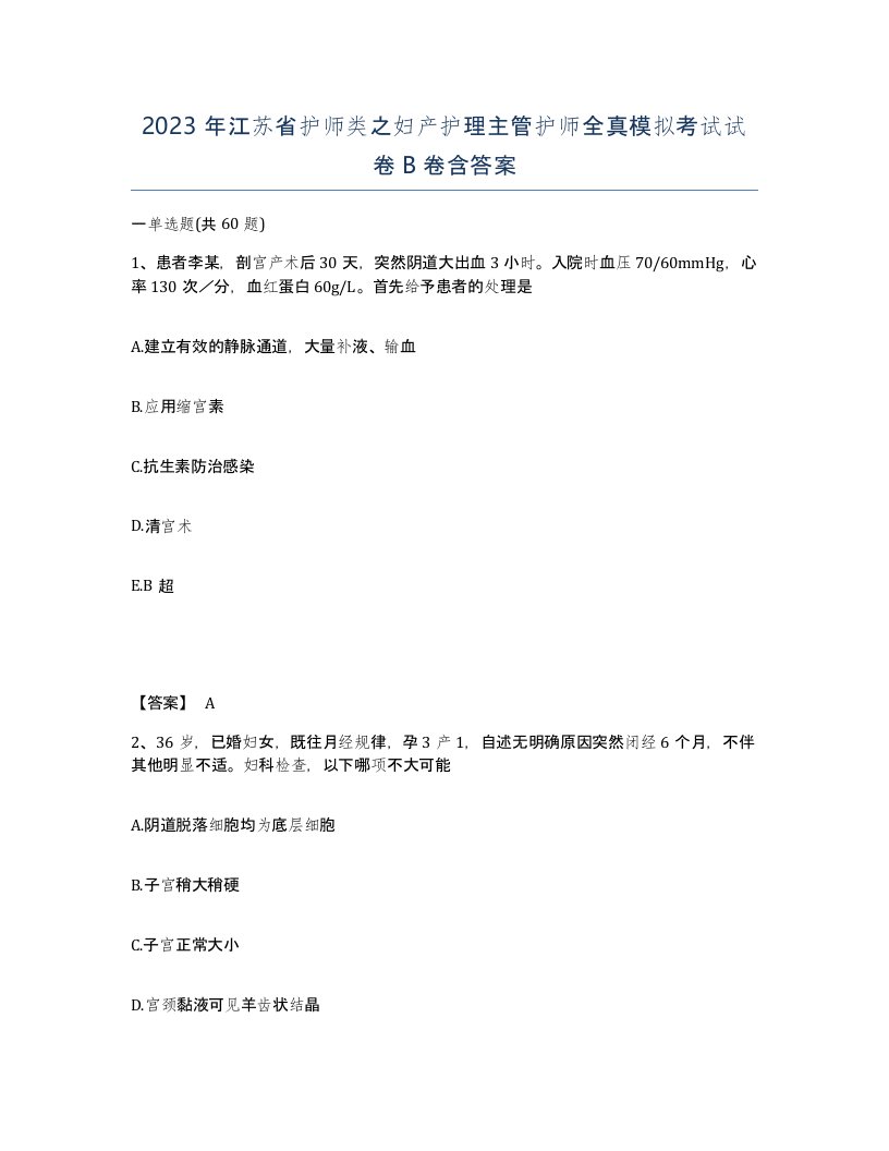 2023年江苏省护师类之妇产护理主管护师全真模拟考试试卷B卷含答案