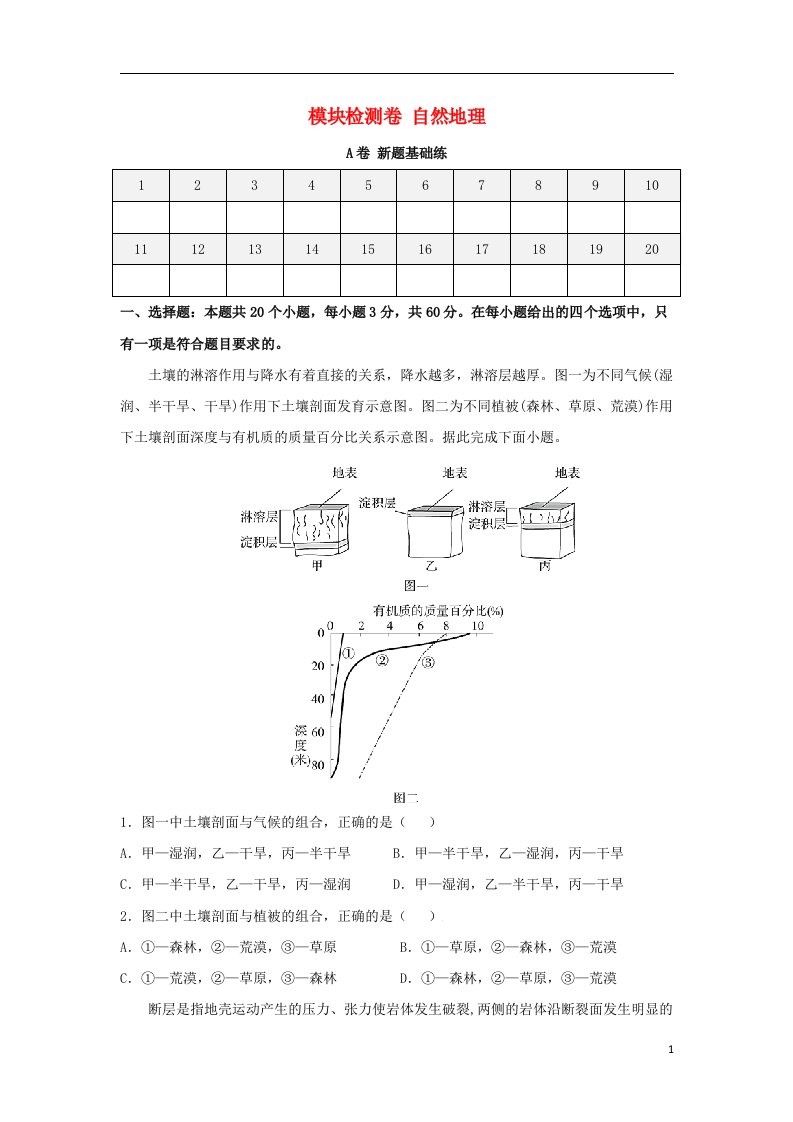 2023届高考地理一轮复习双优单元滚动双测卷模块检测卷自然地理A卷