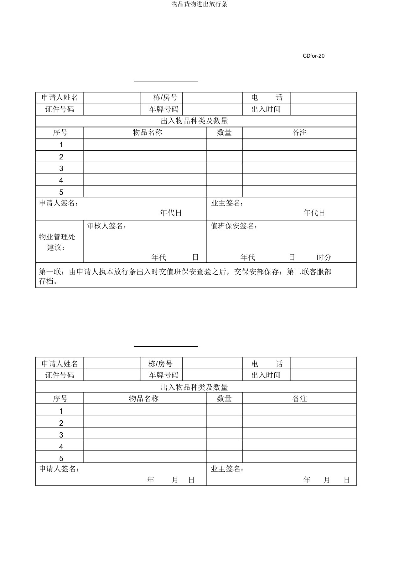 物品货物进出放行条