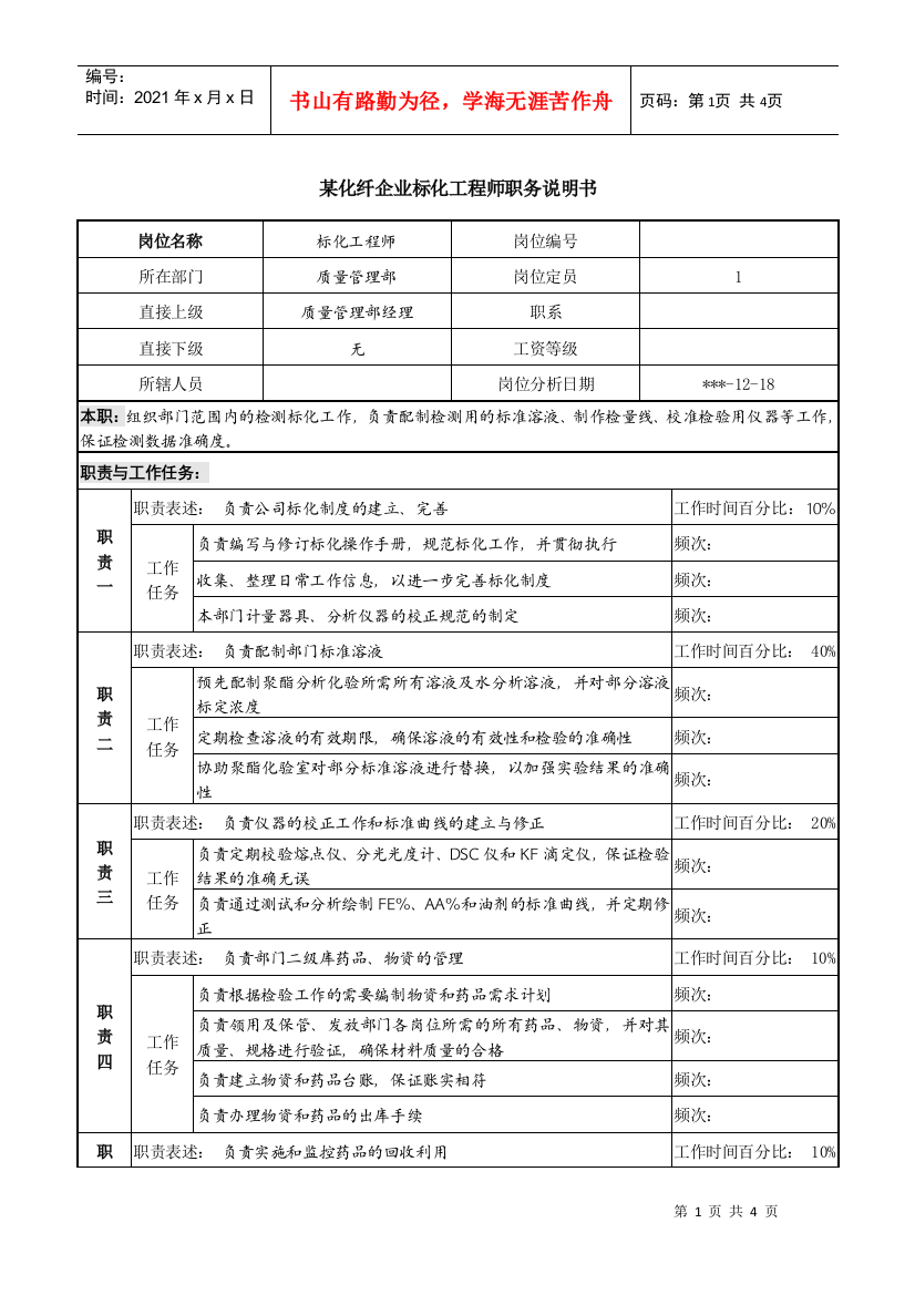 某化纤企业标化工程师职务说明书